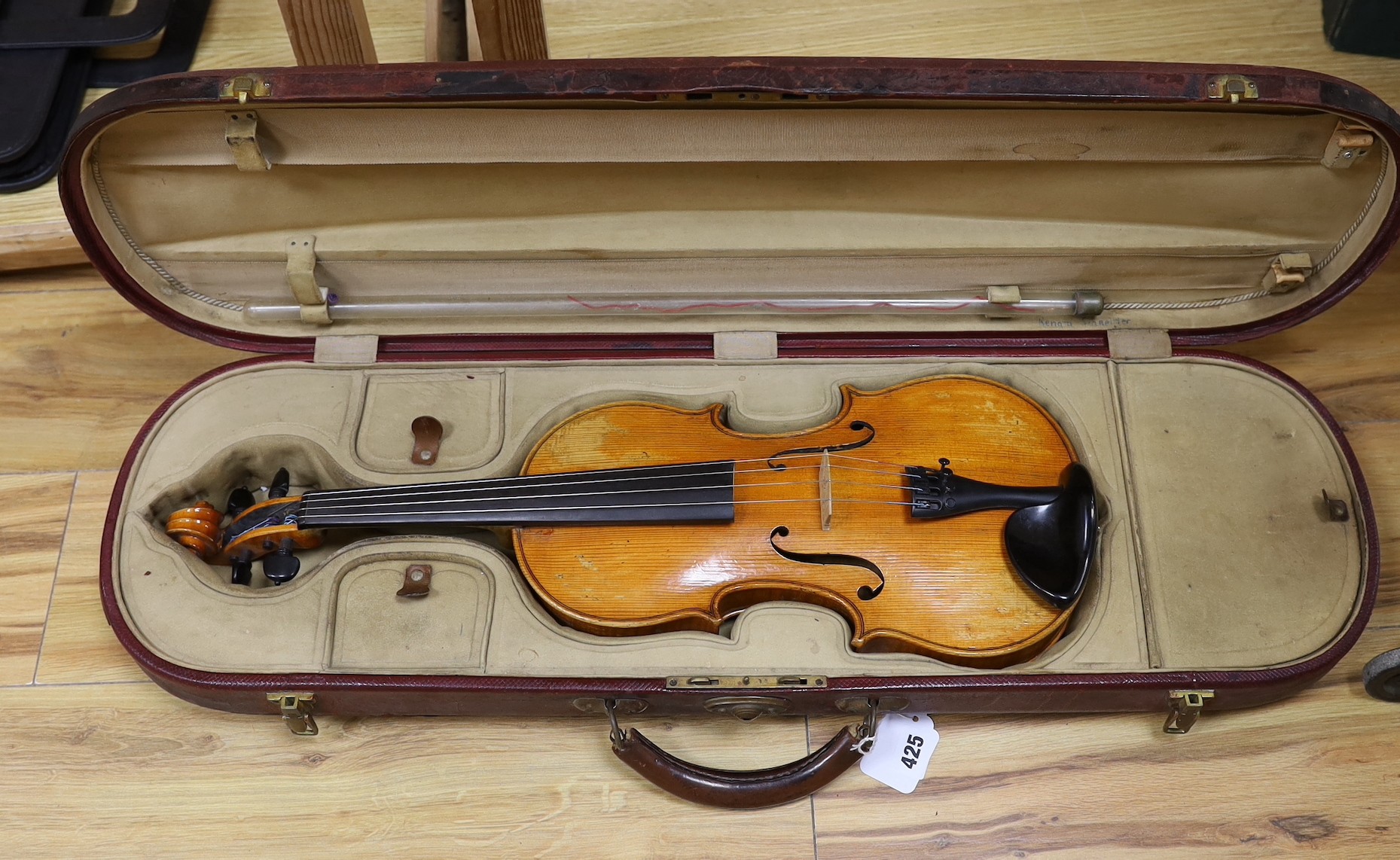 A cased violin, sound post loose